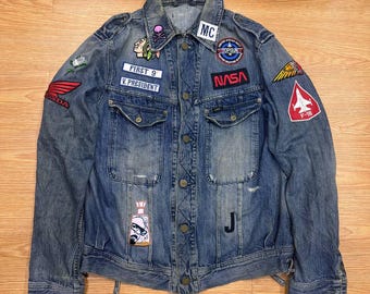 Vintage Lee Denim Jacket Patched Utility Rider Blue Jean Jacket Biker Style 90s Grunge Outerwear