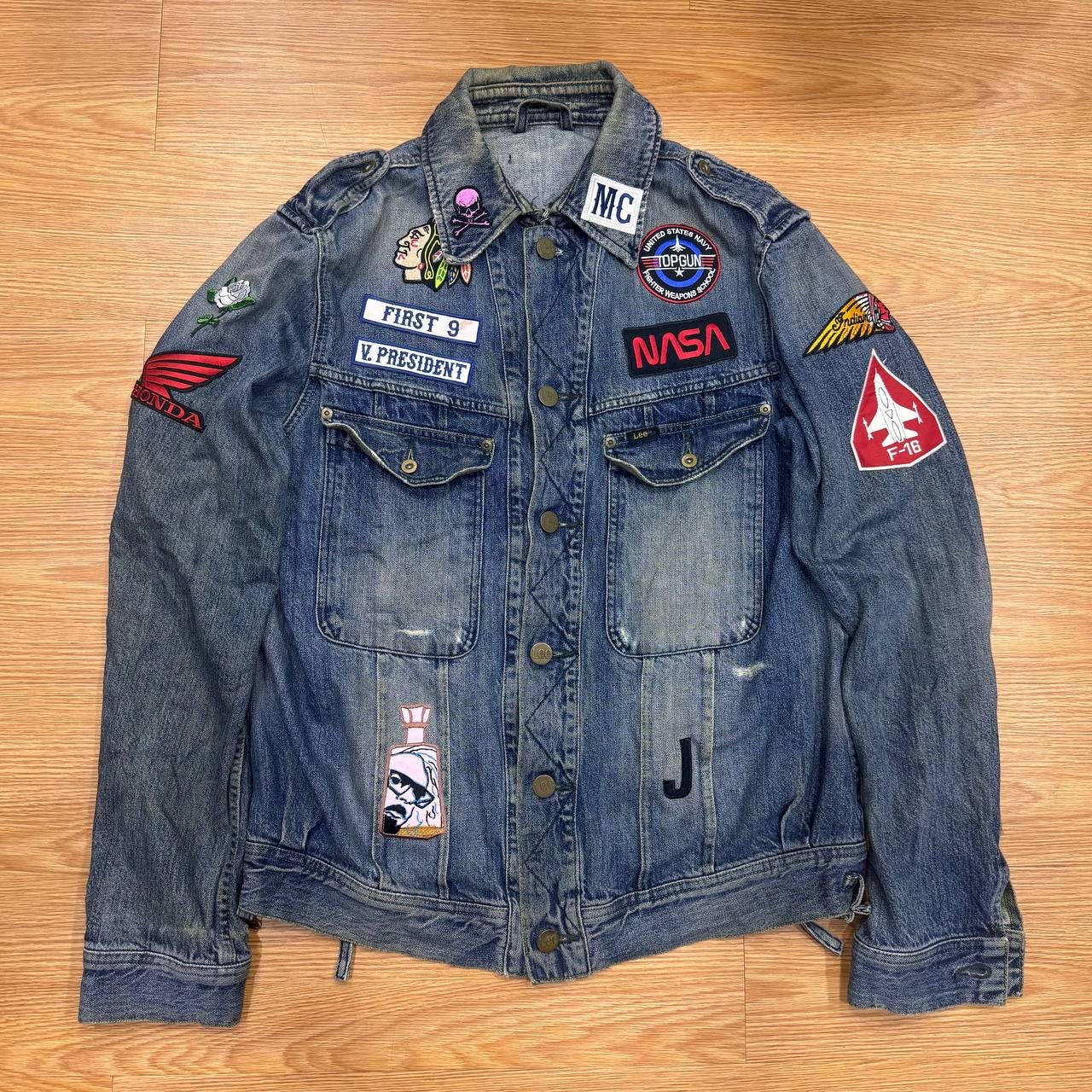 Vintage Lee Denim Jacket Patched Utility Rider Blue Jean Jacket