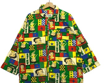 Vintage 90er Jahre Betty Boop Cartoon Pyjamas Langarm Shirt,K.F.S Inc/Fleischer Studio Inc,All Over Print Shirt,90er Jahre Grafik Shirt