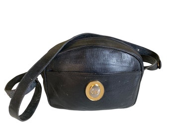 Vintage Christian Dior Black Leather Crossbody Bag With Gold CD Clasp, Made In France, Designer Saddle Style Shoulder Purse