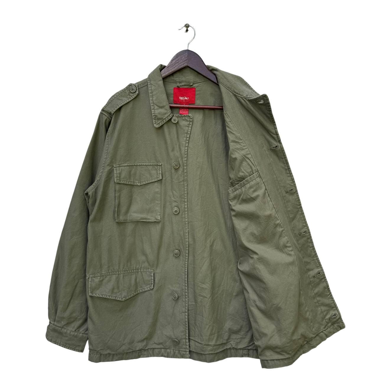 ジャケット・アウター digne collarless jacket coat mossgreen Vintage Mossimo Army Green Military Style Utility Jacket
