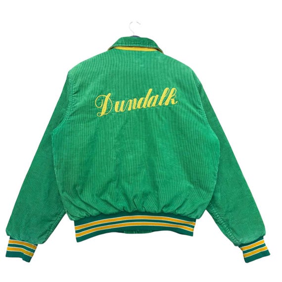 Vintage 80s Rennoc Corduroy Varsity Jacket Green Gold Dundalk