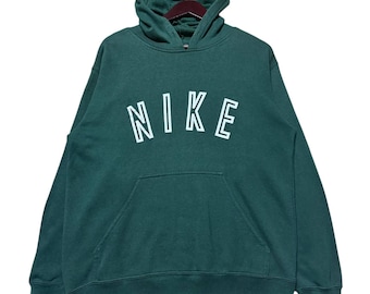 Felpa con cappuccio verde Nike vintage con logo arcuato, streetwear minimalista, taglia piccola