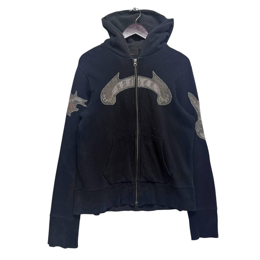 Vintage 291295 Homme Zip Hoodie Distressed Gothic Patchwork Black