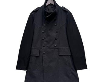 Casaco vintage Bottega Veneta de lã abotoada dupla preta | Fabricado na Itália | Casaco de grife estilo militar masculino