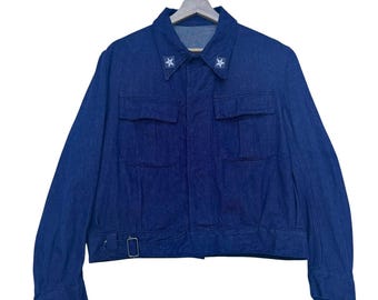 Chaqueta vaquera militar vintage Marina Militare Macotex azul, Italia, ropa de trabajo, utilitaria, cuello estrella, bolsillos, cintura con cinturón.