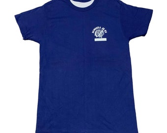 May include: A navy blue t-shirt with a white graphic of an American Indian head wearing a feathered headdress. The graphic says "Minooka Jr. HS".