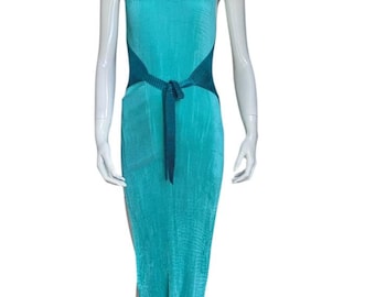 Vintage im product Issey Miyake Pleats Please Green Sleeveless Side Tie Dress Modern Sculptural Maxi Resort Wear Designer Japanese Brand
