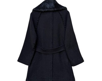 Vintage Zucca Black Wool Coat With Faux Fur Collar, Vintage