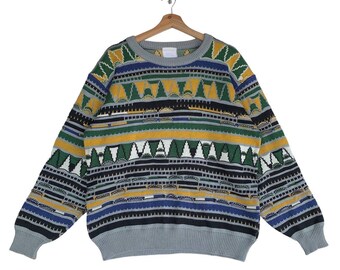 Maglione girocollo vintage Rega Salinas in maglia, stile anni '90, multicolore, stile retrò, alla moda, streetwear
