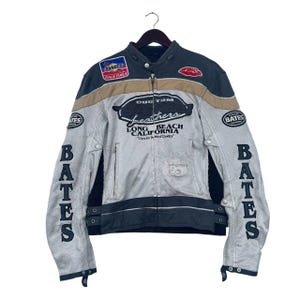 Vintage Bates Custom Lädermotorcykeljacka Herr Racingmärken Sunoco Long Beach Kalifornien Bikerjacka
