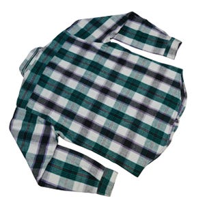 Vintage Five Brother flannel shirt made in USA with green black purple  and white plaid pattern, button down long sleeve cotton workwear top from the 1990s, classic outdoor style for men, grunge and streetwear fashion, warm fall winter shirt with dual chest pockets and durable construction, retro casual staple for collectors and flannel lovers.