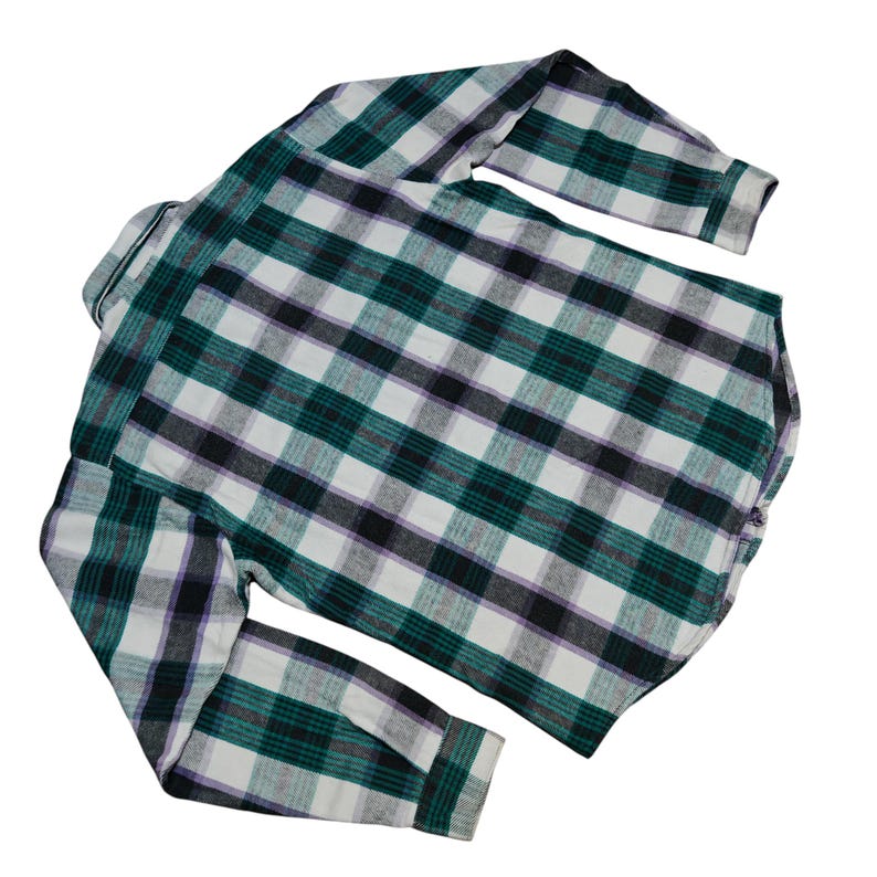 Vintage Five Brother flannel shirt made in USA with green black purple  and white plaid pattern, button down long sleeve cotton workwear top from the 1990s, classic outdoor style for men, grunge and streetwear fashion, warm fall winter shirt with dual chest pockets and durable construction, retro casual staple for collectors and flannel lovers.