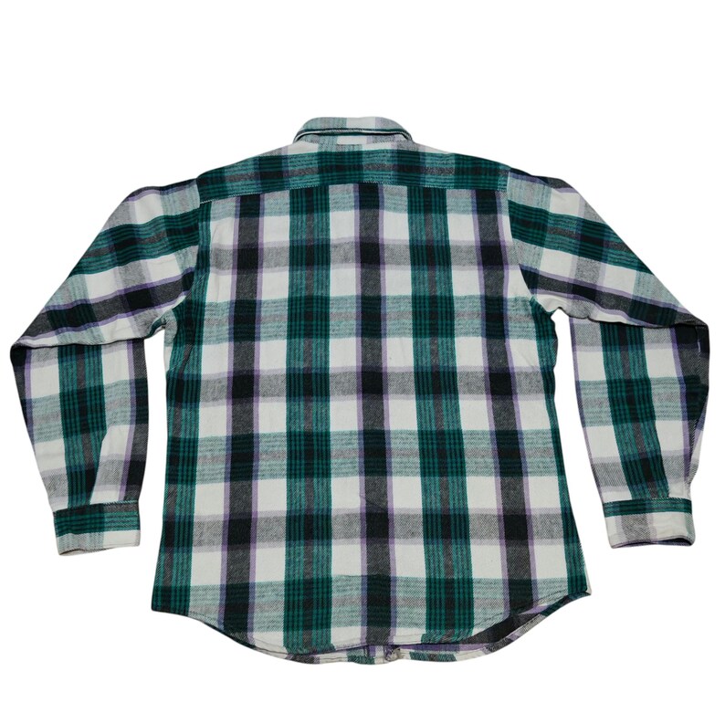 Vintage Five Brother flannel shirt made in USA with green black purple  and white plaid pattern, button down long sleeve cotton workwear top from the 1990s, classic outdoor style for men, grunge and streetwear fashion, warm fall winter shirt with dual chest pockets and durable construction, retro casual staple for collectors and flannel lovers.