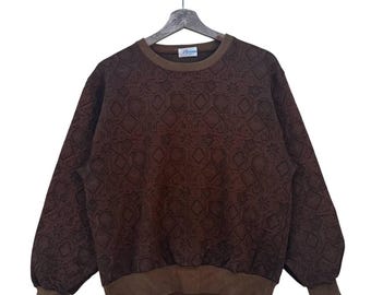 Vintage Jantzen Men's Brown Geometric Pattern Sweater Retro 80s 90s Pullover Jumper Classic Preppy Style Winter Fall Wardrobe