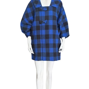 Vintage Blue Black Plaid Coat Women’s,Vintage Style Jacket Buffalo Check,Outerwear Retro,Mid Century Mod Look,Snap Button Coat