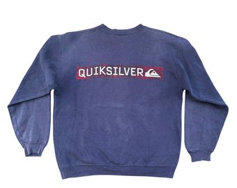 Vintage jaren 90 Quiksilver vervaagd noodlijdend sweatshirt blauwe surfwear trui Japan made streetwear mannen L-skate merk retro logo ronde hals