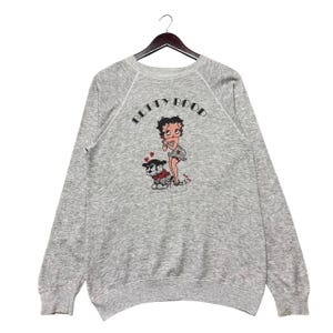 Sudadera con estampado de dibujos animados de Betty Boop de la década de 1985, estilo raglán gris, ropa informal, sudadera de los años 80, dibujo animado icónico retro