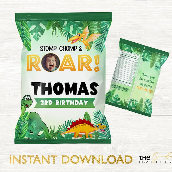 Dinosaur Chip Bag, Birthday Chip Bag, Chip Bag Labels, Dino Party Theme, Snack Treat Bags, Roar Party, Editable Chip Bag Template, B5