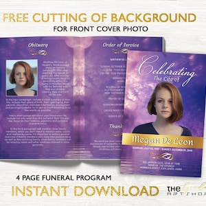 Funeral Program, Obituary program, Purple Funeral program in loving memory, 4 page Funeral program instant download, F3