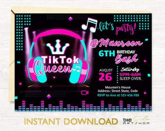 Muziek geïnspireerd verjaardagsuitnodiging, uitnodiging voor muziekfeest, dansfeestuitnodiging, tienerverjaardagsuitnodiging, bewerkbare verjaardagsuitnodiging, B12