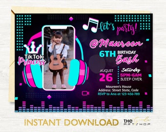 Muziek geïnspireerd verjaardagsuitnodiging, uitnodiging voor muziekfeest, dansfeestuitnodiging, tienerverjaardagsuitnodiging, muzikale prinses verjaardagsuitnodiging