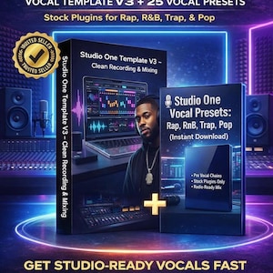 May include: Promotional image for the Studio One Ultimate Vocal Bundle. The image features a man in a recording studio, with text that reads "Studio One Ultimate Vocal Bundle" and "Vocal Template V3 + 25 Vocal Presets."