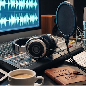 May include: A recording studio setup featuring a computer monitor displaying audio waveforms, headphones, a mixing console, a microphone with a pop filter, and a notebook with the text "Clean, Loud, 24hr."