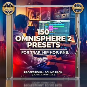 Puede incluir: Una caja de CD con una persona con auriculares, trabajando en una configuración de producción musical. El texto dice "150 Omnisphere 2 Presets" para Trap, Hip Hop, R&B. Incluye "Professional Sound Pack (Descarga Digital)".