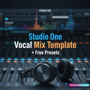May include: A digital audio workstation interface with the text "Studio One Vocal Mix Template + Free Presets." A pair of black headphones rests on the mixing board. The background features a sound wave graphic.