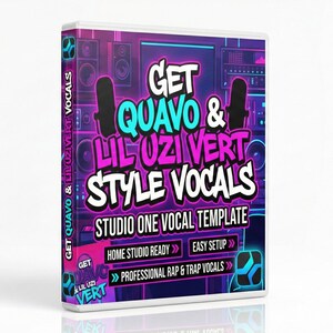 May include: A software package with a vibrant design. The cover features the text "Get Quavo & Lil Uzi Vert Style Vocals" in white, teal, and purple. Additional text includes "Studio One Vocal Template" and "Professional Rap & Trap Vocals."