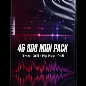 May include: A black DVD case with the text "46 808 MIDI PACK" in white. Below the title are the genres "Trap • Drill • Hip Hop • RnB". The background features a musical staff and a sound wave graphic in red and purple.