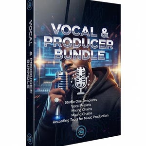 Puede incluir: Caja de producto con el título "VOCAL & PRODUCER BUNDLE" que muestra a una persona con un micrófono. El texto incluye: Studio One Templates, Vocal Presets, Mixing Chains y Recording Tools for Music Production.