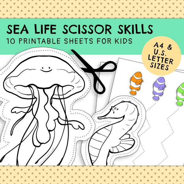 Sea Life Scissor Skills Cutting Practice & Colouring For Kids | 10 Printable Sheets | Instant Digital Download | Children's Activity Bundle