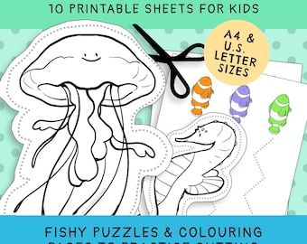 Sea Life Scissor Skills Cutting Practice & Colouring For Kids | 10 Printable Sheets | Instant Digital Download | Children's Activity Bundle
