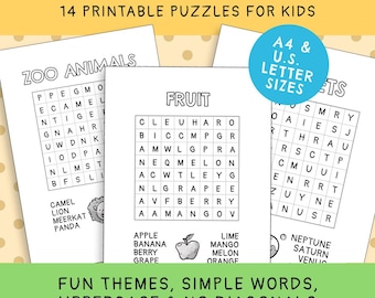 Easy Word Search Sheets For Kids (14 Printable Puzzles) | Instant Digital Download | Children's Activity Bundle