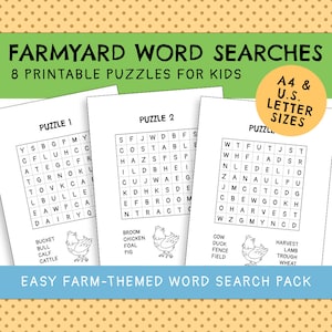 Easy Farmyard Word Search Sheets For Kids (8 Printable Puzzles) | Instant Digital Download | Children&#39;s Activity Bundle