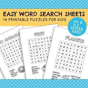 Easy Word Search Sheets For Kids (14 Printable Puzzles) | Instant Digital Download | Children&#39;s Activity Bundle