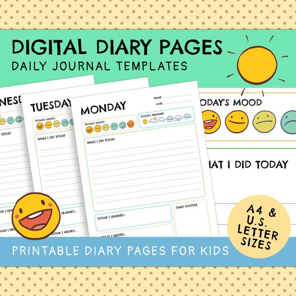 Digital Daily Journal Pages | Printable Diary Template for Kids | Instant Digital Download | Stationery Printables Pack