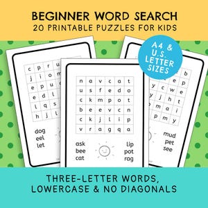 Eenvoudige woordzoekbladen van drie letters voor kinderen en beginners (20 afdrukbare puzzels) | Directe digitale download | Activiteitenbundel voor kinderen