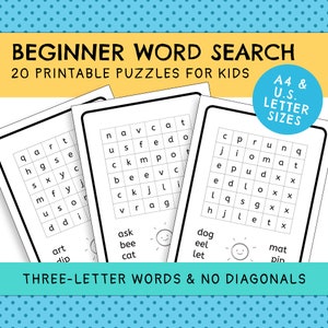 Hojas fáciles de búsqueda de palabras de tres letras para niños y principiantes (20 rompecabezas imprimibles) / Descarga digital instantánea / Paquete de actividades para niños