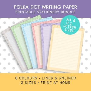 Papier à lettres à pois en téléchargement numérique | Pack d'imprimés de papeterie | 6 couleurs, formats Lettre US et A4, feuilles vierges avec et sans doublure