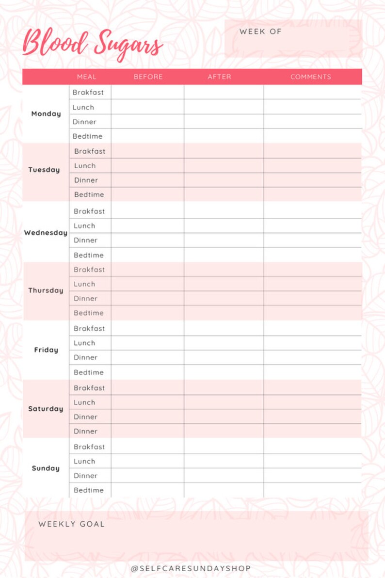 Printable Blood Sugar Log, Blood Glucose Log, Printable Blood Sugar ...