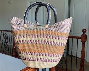 Picnic Basket, Straw Woven Basket, Bolga Basket , Straw beach tote, Tribal basket, Plant basket, Raffia basket, African basket bag, baskets