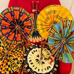 African Hand Fan, African fabric fan, handmade Wall hanging fans from Ghana, Kente fabric fan, Ankara print fan, Hand fan with leather strap