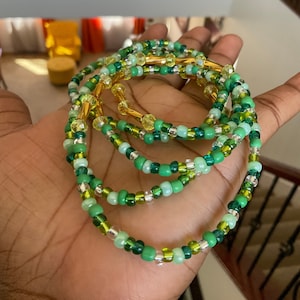Green Waist Beads, Waist Beads with Crystals black owned, Waist Beads Black Own, Green seed beads with gold and crystals, crystal waist bead