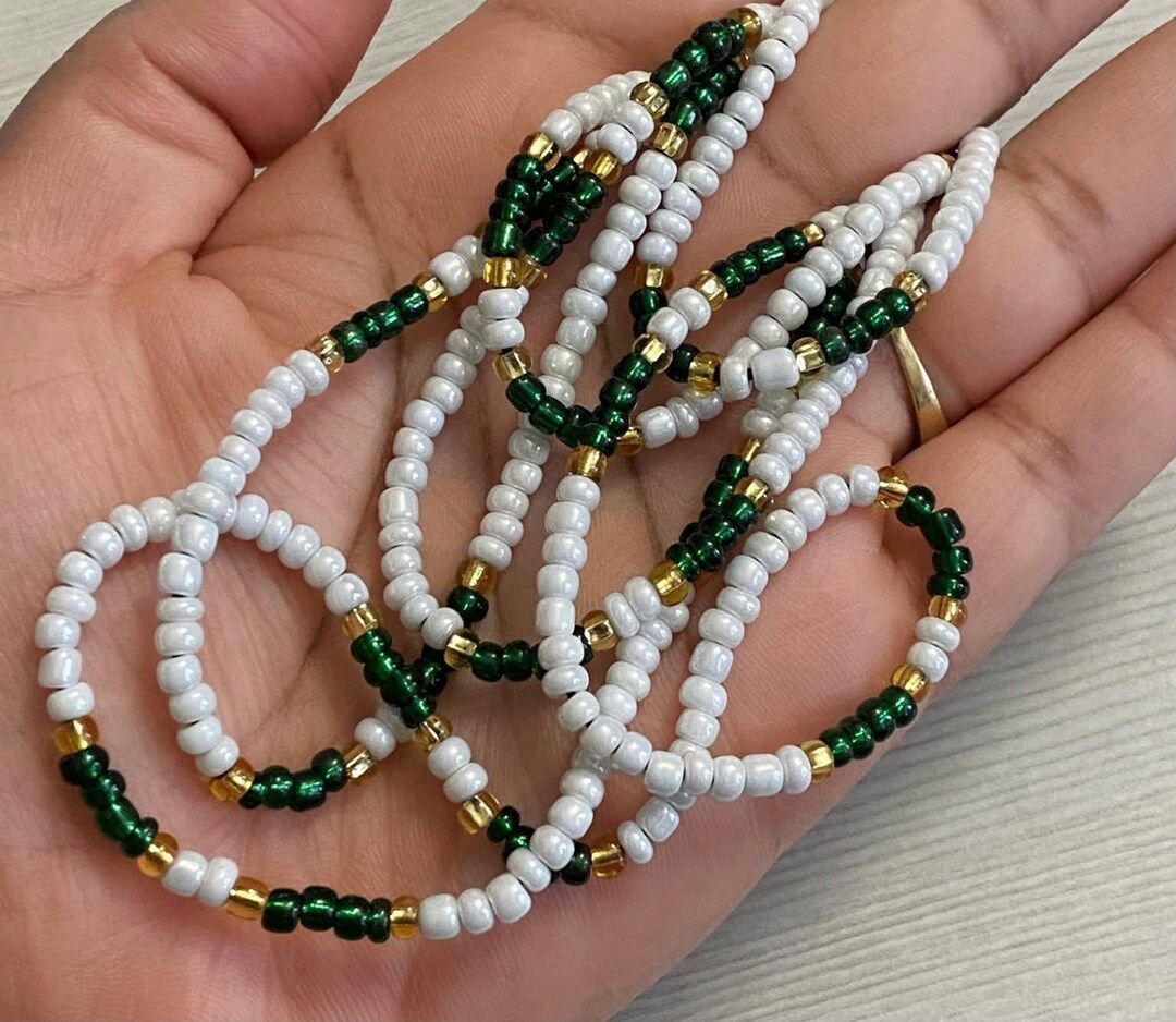 1, Elastic Waist Beads, African Waist Beads, Green and White Waist