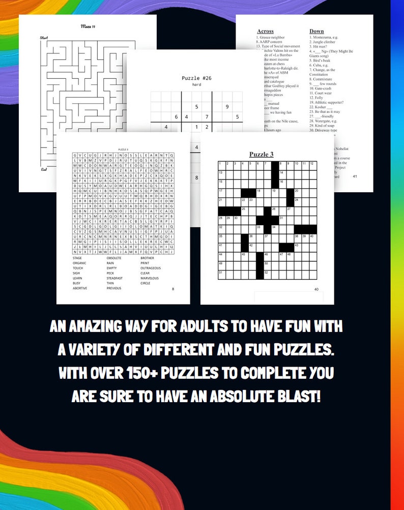 Pu&ograve; includere: Una collezione di puzzle in bianco e nero, tra cui un labirinto, una ricerca di parole e un cruciverba. I puzzle sono stampati su carta bianca con linee nere. Il testo sulla pagina include le parole "Puzzle #26", "difficile", "Orizzontale", "Verticale" e "Puzzle 3".