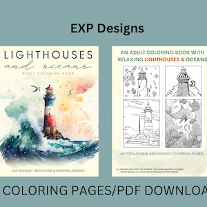 May include: An adult coloring book with 48 pages featuring lighthouses and oceans. The cover shows a watercolor illustration of a lighthouse on a rocky shore with waves crashing against it. The title of the book is "Lighthouses and Oceans" and the subtitle is "Adult Coloring Book".
