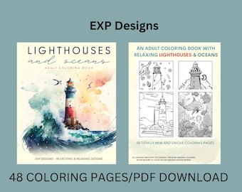 Libro para colorear de faros y océanos para adultos /50 páginas para colorear de faros y océanos /Descarga imprimible en PDF